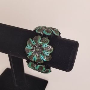 Chunky Floral Black and Turquoise Bracelet